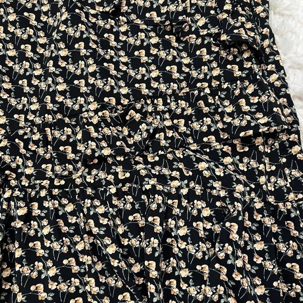 Luna Black Floral Tiered Midi‎ Skirt Womens Medium Elastic Waist Ruffle Boho